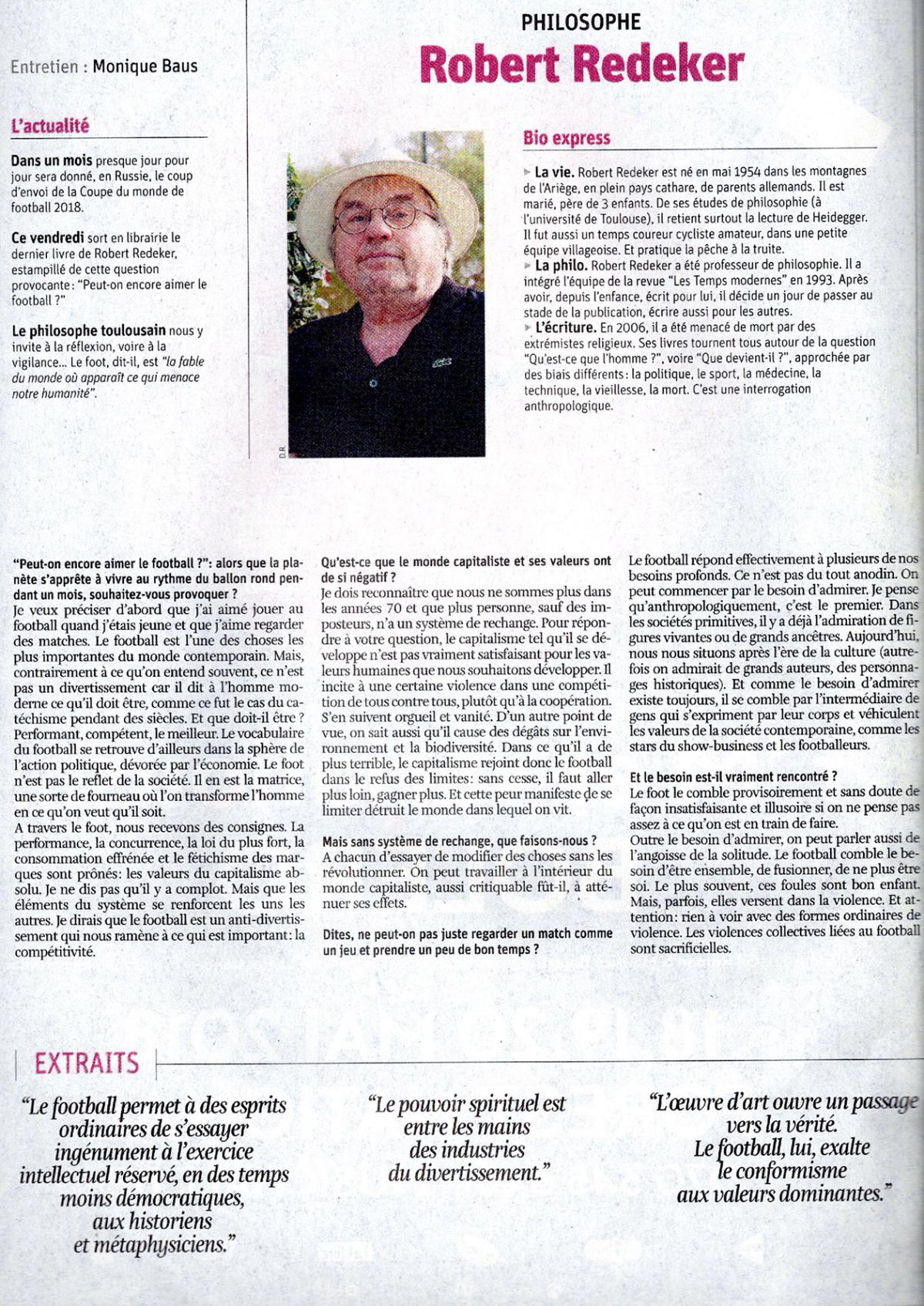 Robert Redeker, Monique Baus, entretien sur le foot, La Libre Belgique.